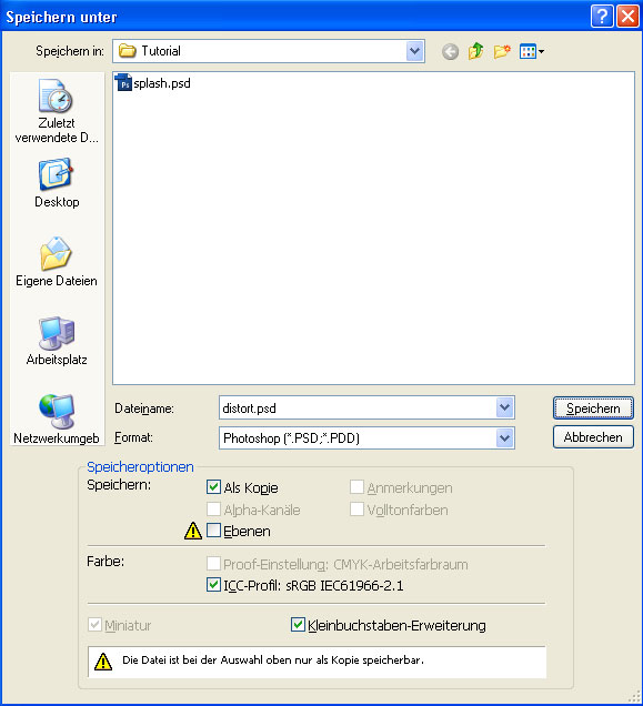 Nun speichern wir die Datei unter distort.psd. Wichtig ist, dass der Haken bei "Ebenen" entfernt wird.