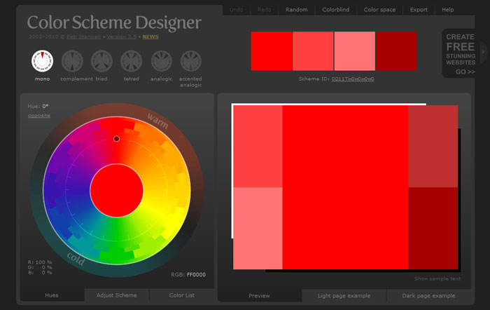 Die Oberfläche des ColorSchemeDesigners