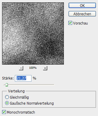 Für den Hintergrund wenden wir auf die unterste Ebene den Wolken-Filter an. Dabei sollten unsere Vorder- und Hintergrundfarben Schwarz und Weiß sein. Nun fügen wir noch ein Rauschen hinzu: