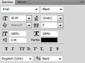 Die Schriftart ist Arial, der Schnitt Black und die Größe 20 Punkte.