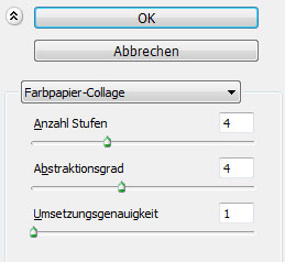 Als Einstellungen wählen wir vier Stufen, einen Abstraktionsgrad von vier und eine Umsetzungsgenauigkeit von eins.